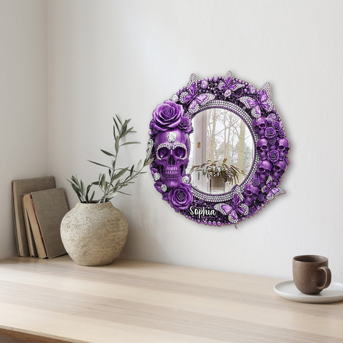Wunderschöner Totenkopf mit Rosen – Personalisierter Totenkopf-Wandspiegel