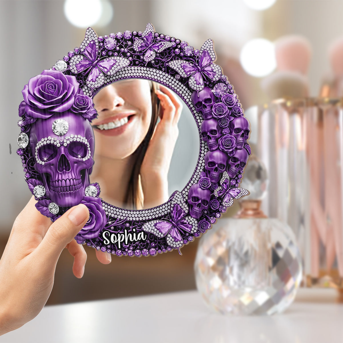 Wunderschöner Totenkopf mit Rosen – Personalisierter Totenkopf-Wandspiegel