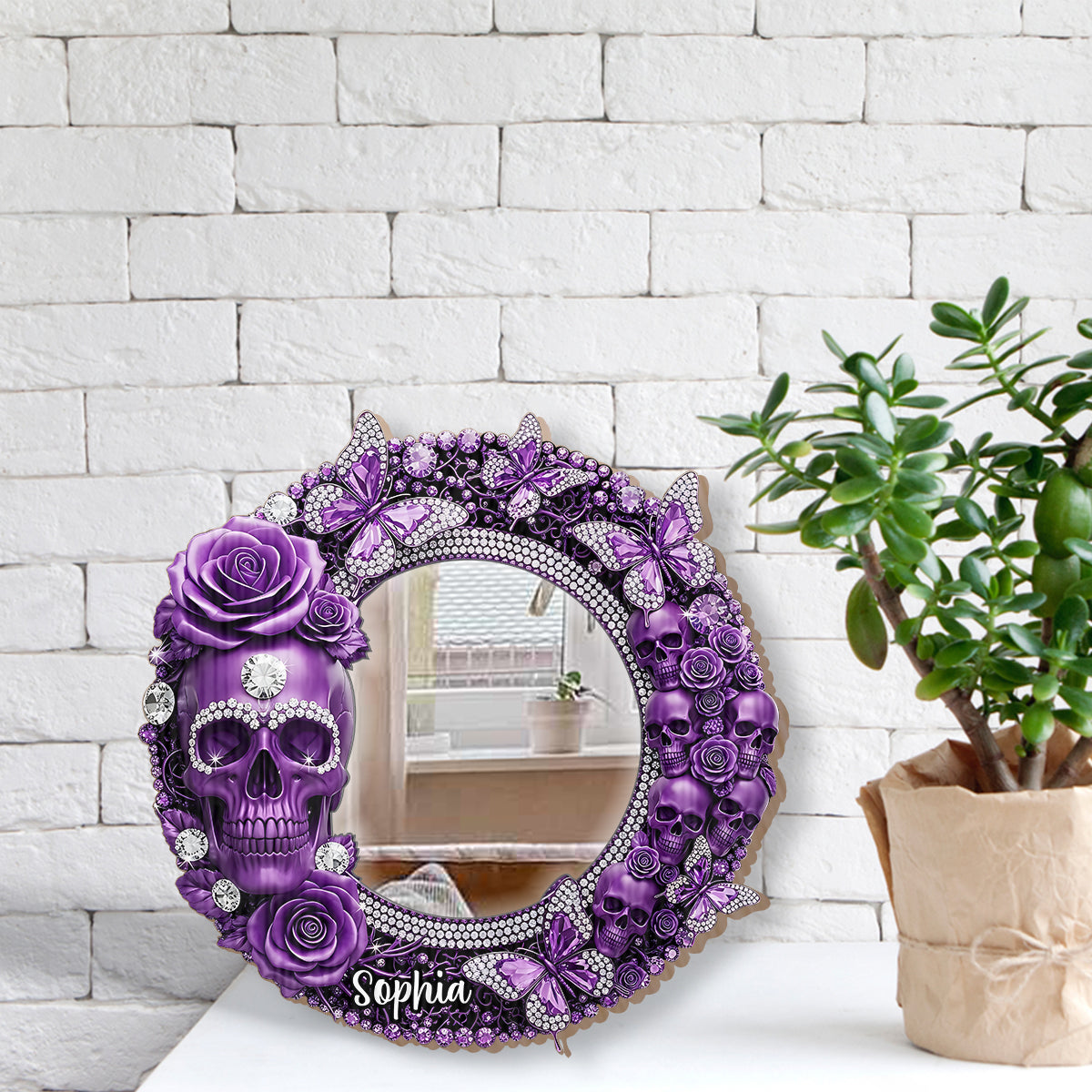 Wunderschöner Totenkopf mit Rosen – Personalisierter Totenkopf-Wandspiegel