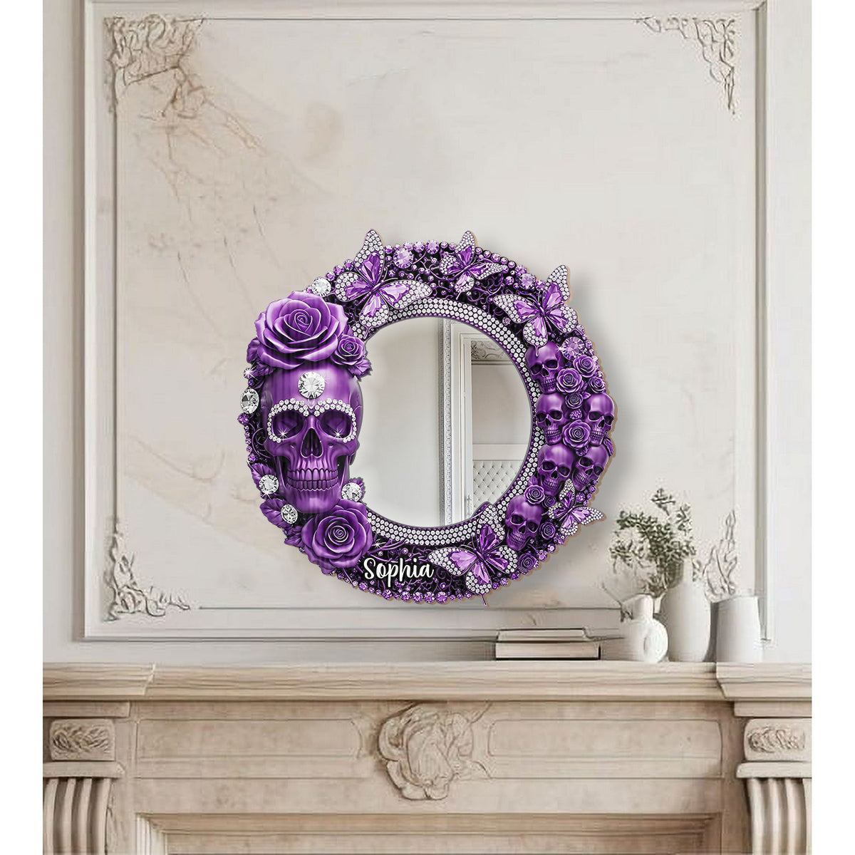 Wunderschöner Totenkopf mit Rosen – Personalisierter Totenkopf-Wandspiegel