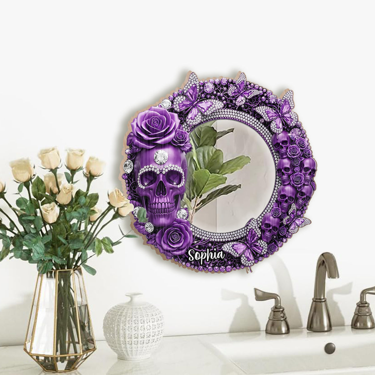 Wunderschöner Totenkopf mit Rosen – Personalisierter Totenkopf-Wandspiegel