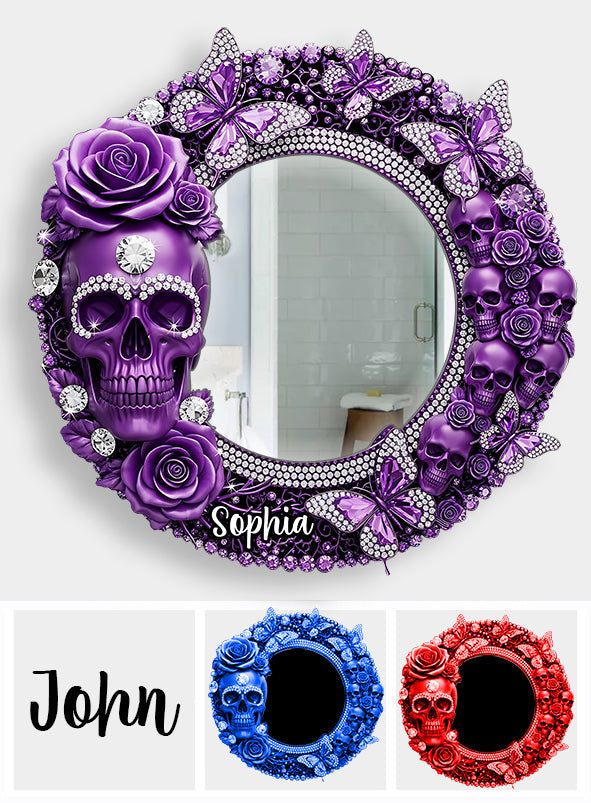 Wunderschöner Totenkopf mit Rosen – Personalisierter Totenkopf-Wandspiegel