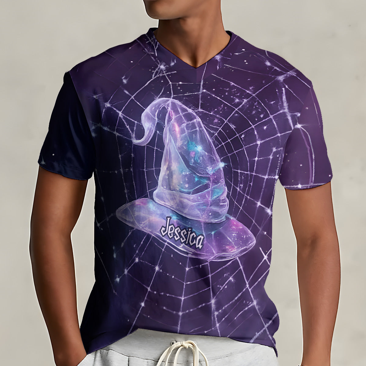 Beautiful Witch Hat In Spider Web - Personalized Witch Fully Printed V-Neck T-Shirt