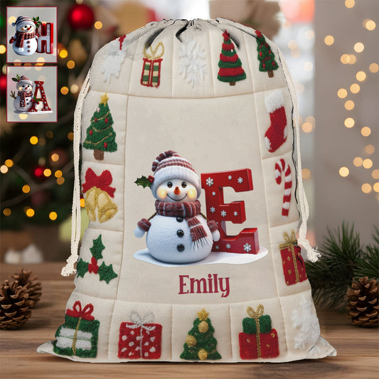 Alphabet Snowman Geschenke-Tasche - Personalisierter Familien-Tragebeutel mit Kordelzug