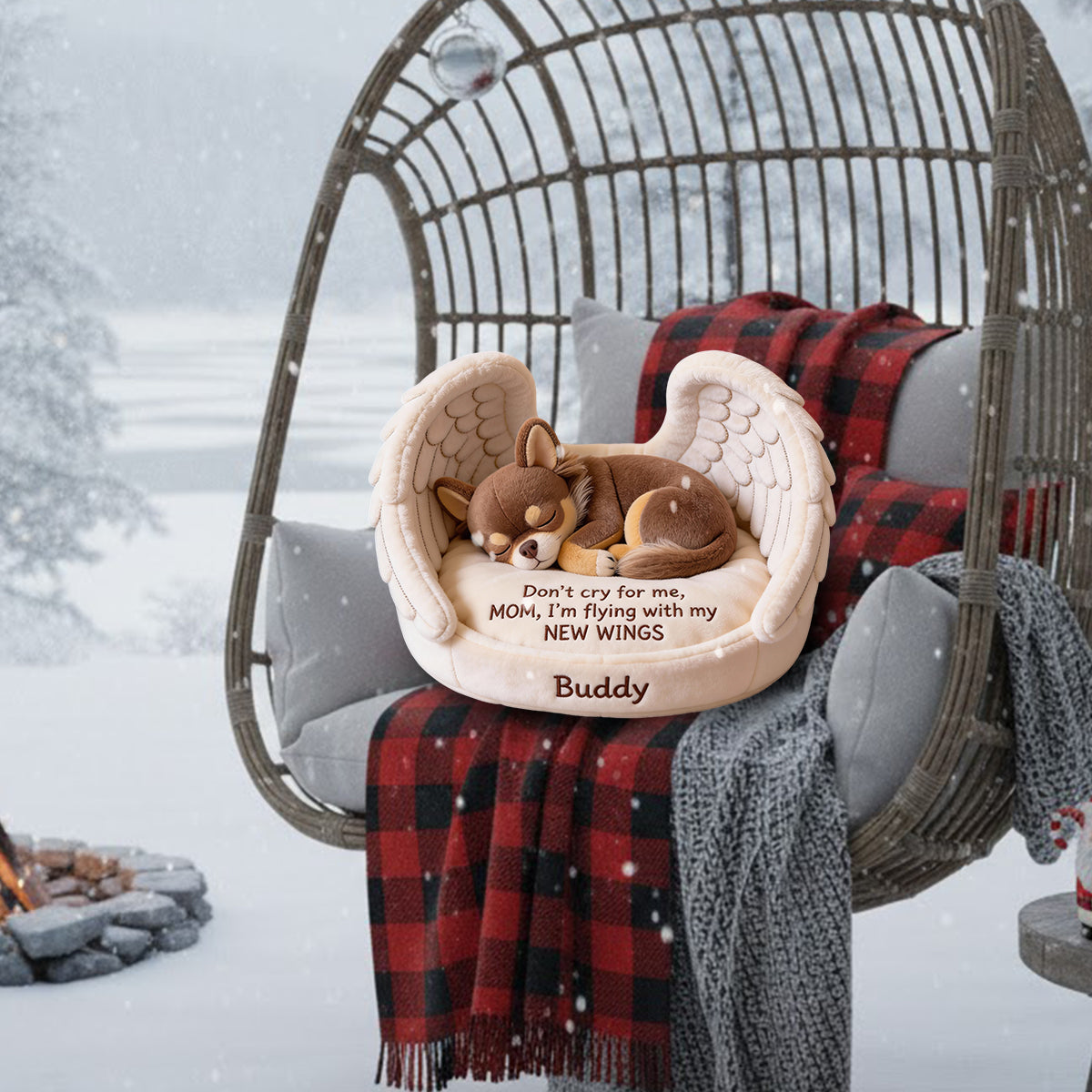 Weine nicht um mich – personalisiertes Kissen in Hundeform aus Kunstfell