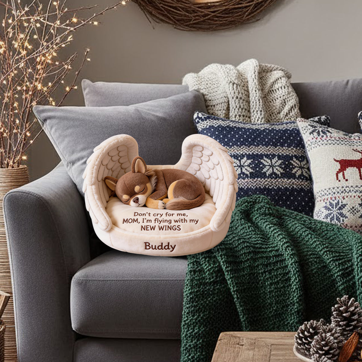Weine nicht um mich – personalisiertes Kissen in Hundeform aus Kunstfell