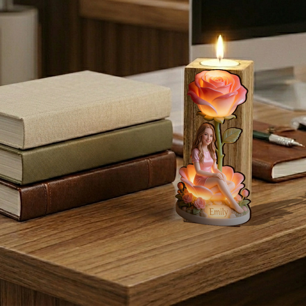 Custom From Photo And Flower - Personalized Self Love Custom Shape Wooden Candle Holder