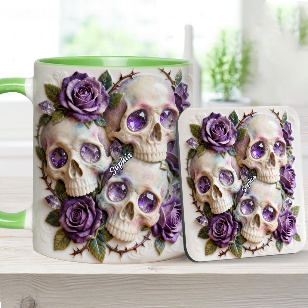 Skulls And Roses – Personalisierte Tasse und Untersetzer mit Totenkopf-Motiv