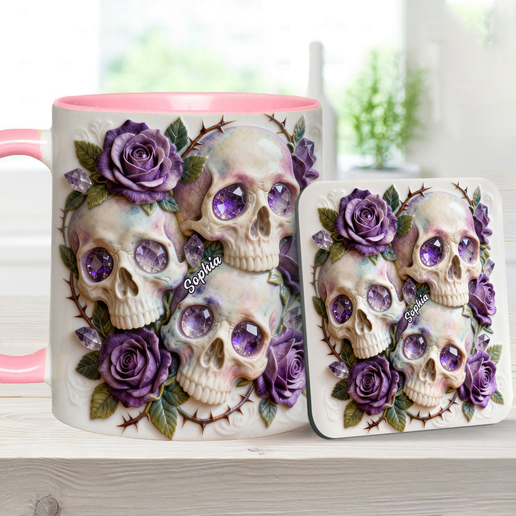 Skulls And Roses – Personalisierte Tasse und Untersetzer mit Totenkopf-Motiv