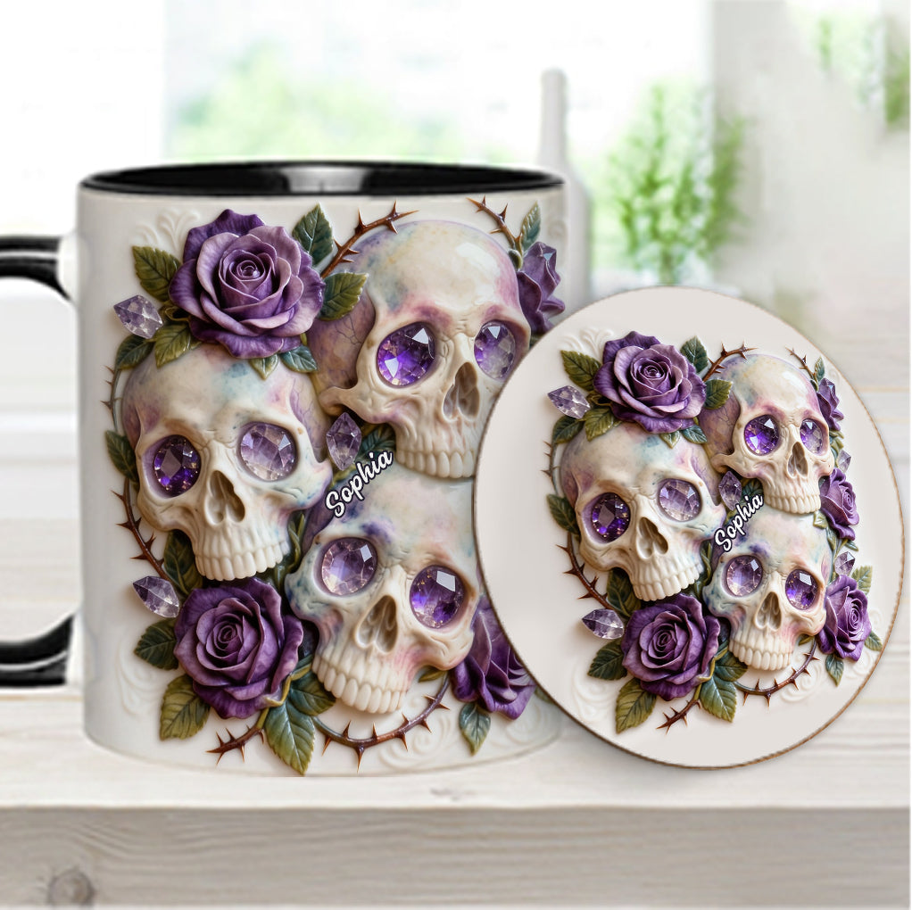 Skulls And Roses – Personalisierte Tasse und Untersetzer mit Totenkopf-Motiv