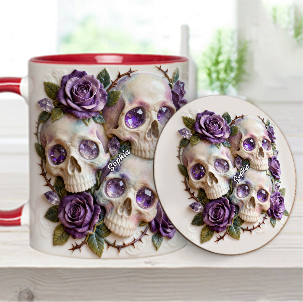 Skulls And Roses – Personalisierte Tasse und Untersetzer mit Totenkopf-Motiv