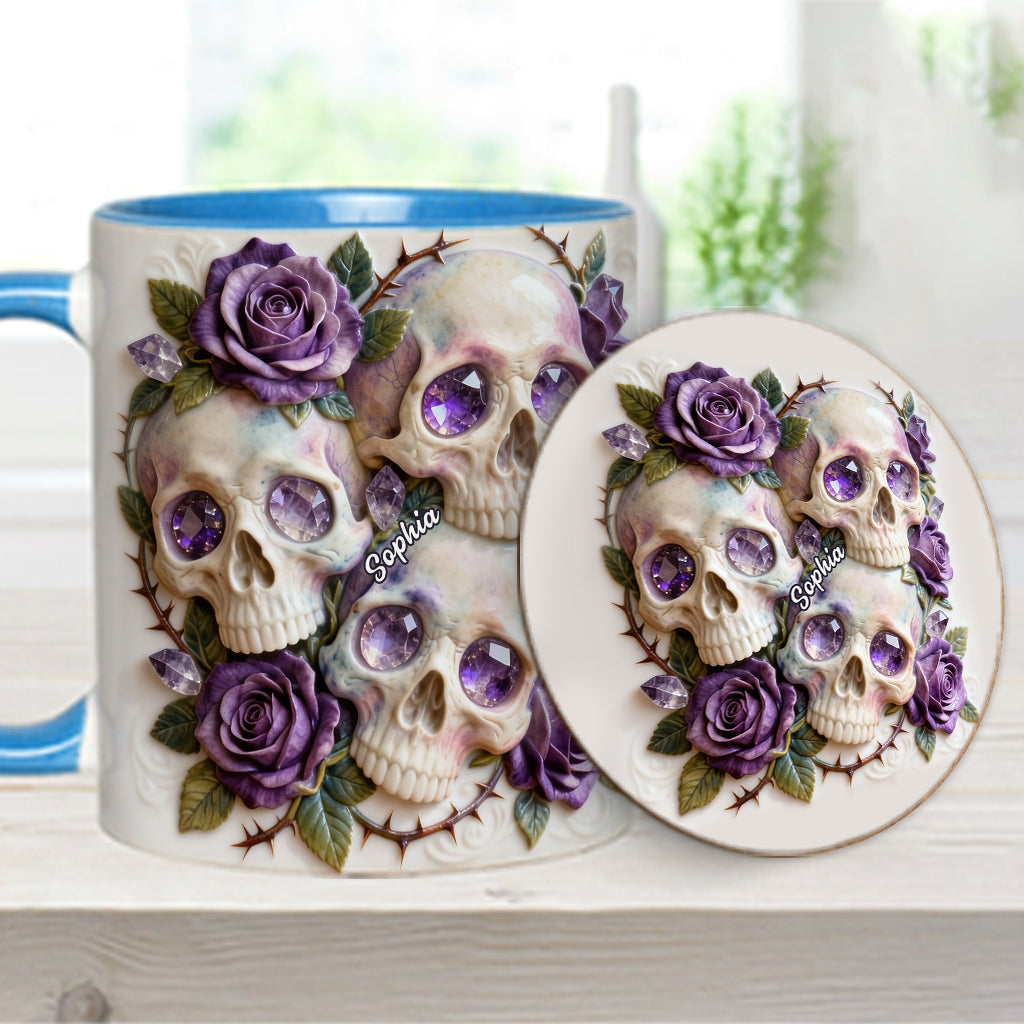 Skulls And Roses – Personalisierte Tasse und Untersetzer mit Totenkopf-Motiv