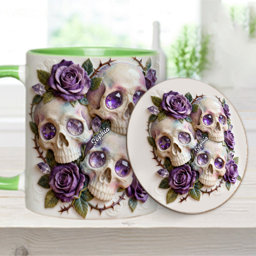 Skulls And Roses – Personalisierte Tasse und Untersetzer mit Totenkopf-Motiv