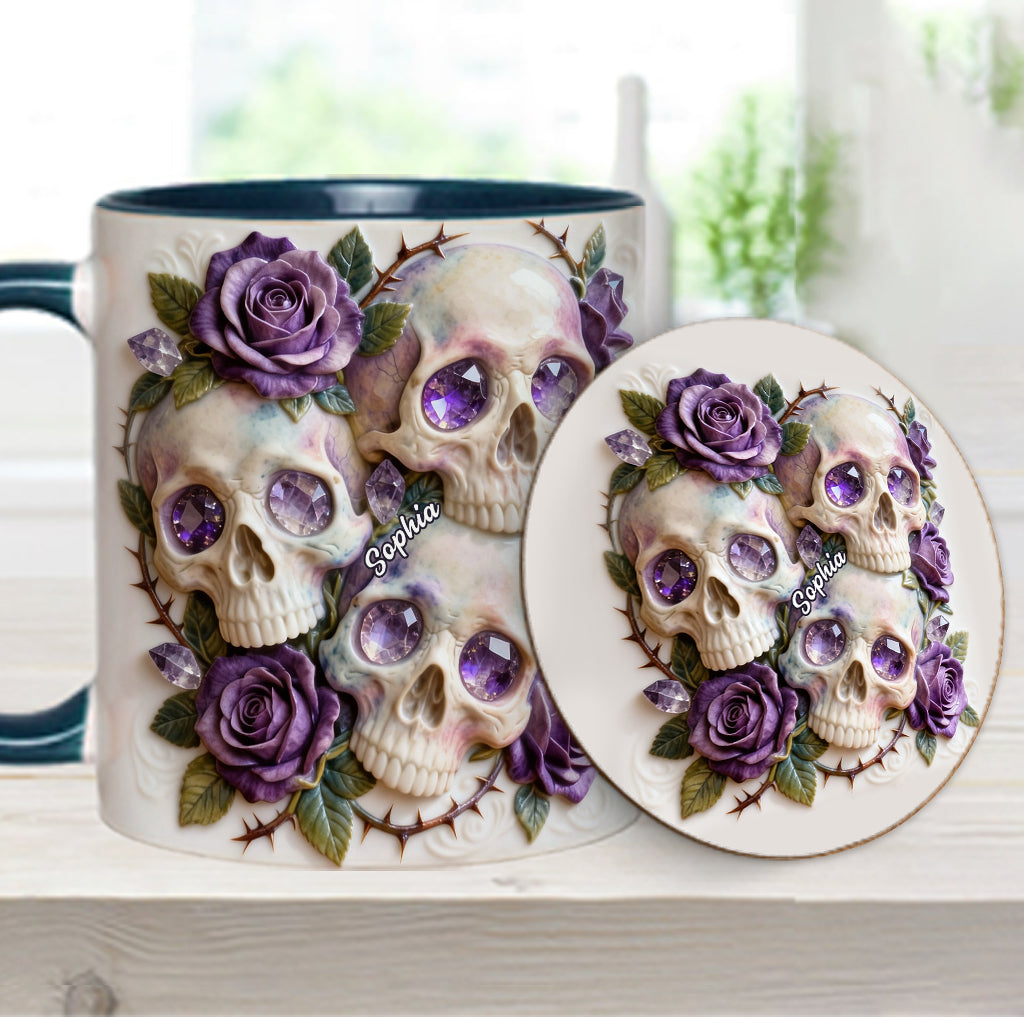 Skulls And Roses – Personalisierte Tasse und Untersetzer mit Totenkopf-Motiv
