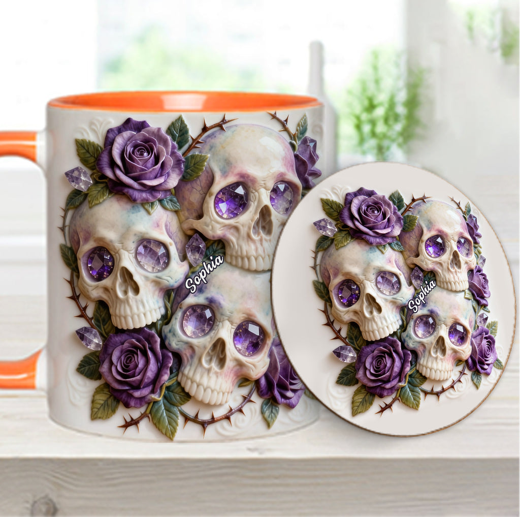 Skulls And Roses – Personalisierte Tasse und Untersetzer mit Totenkopf-Motiv