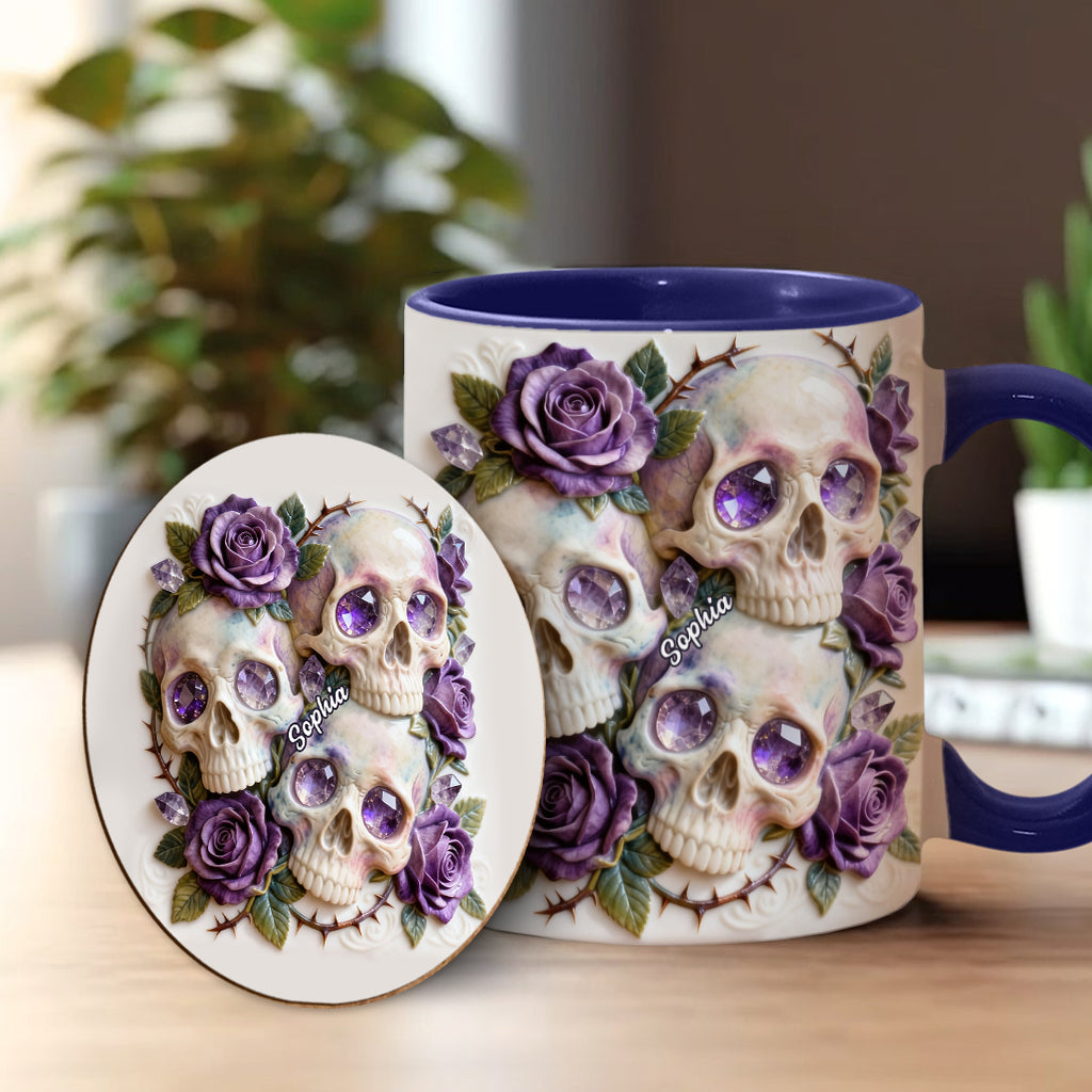 Skulls And Roses – Personalisierte Tasse und Untersetzer mit Totenkopf-Motiv