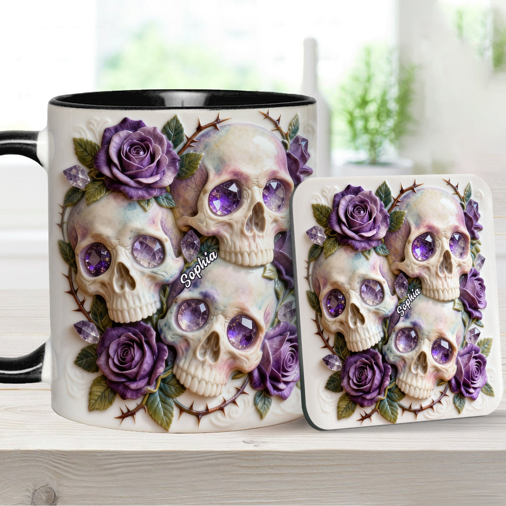 Skulls And Roses – Personalisierte Tasse und Untersetzer mit Totenkopf-Motiv