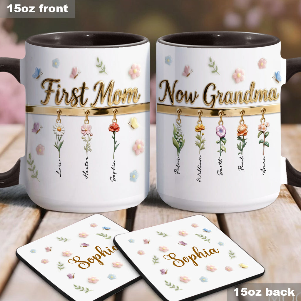 Erst Mama, jetzt Oma – Personalisierte Tasse und Untersetzer mit Oma-Motiv