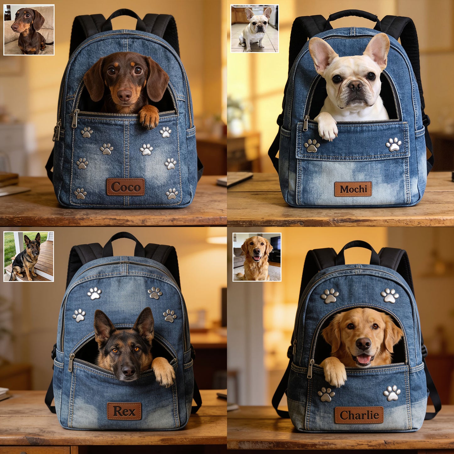 Personalisierter Denim-Hunderrucksack - Verstellbarer Lederpatch-Rucksack