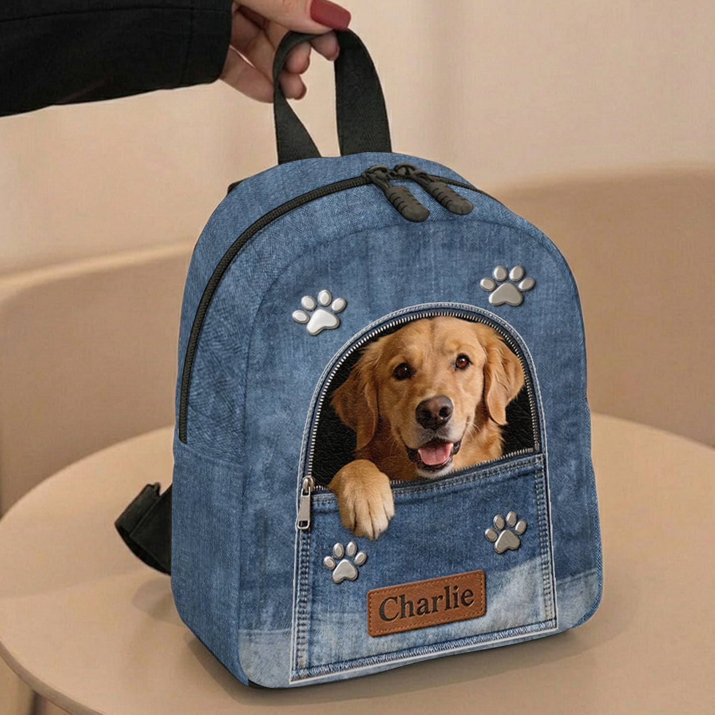 Personalisierter Denim-Hunderrucksack - Verstellbarer Lederpatch-Rucksack