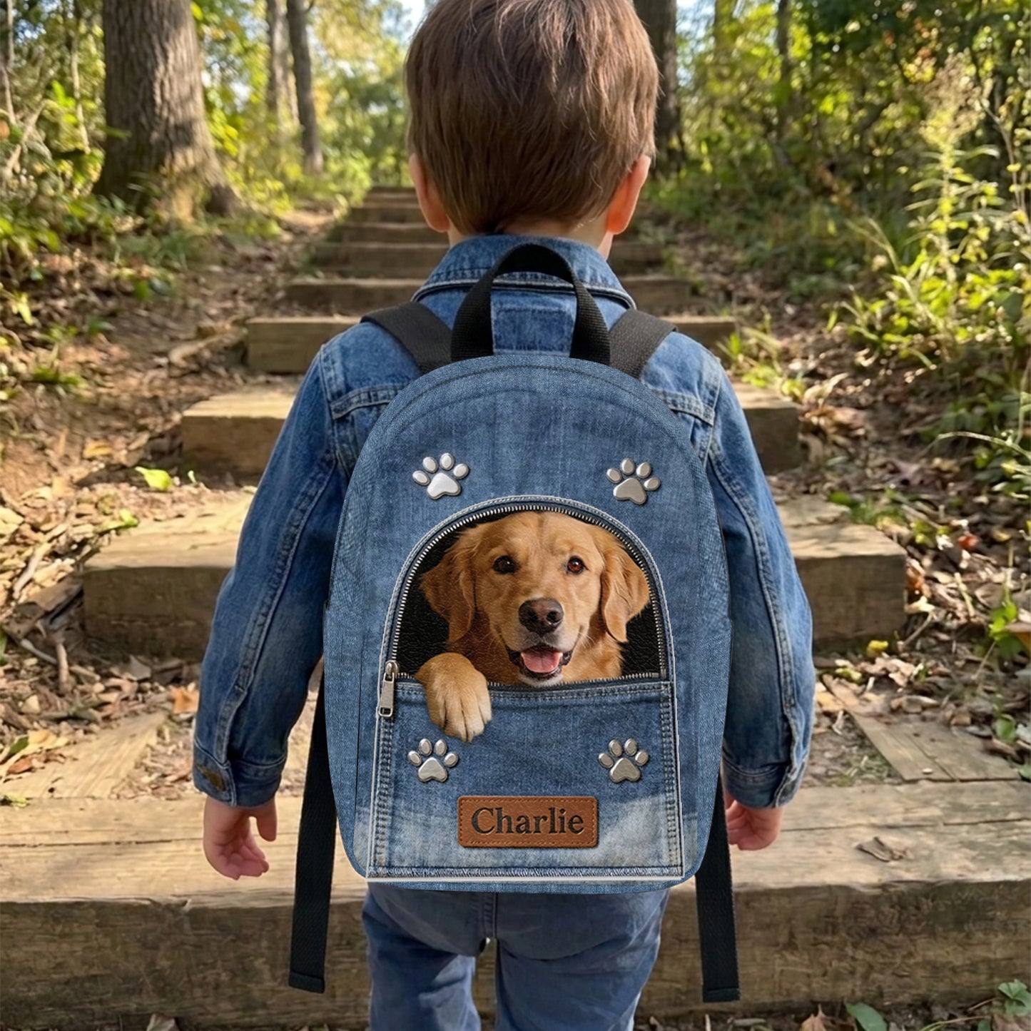 Personalisierter Denim-Hunderrucksack - Verstellbarer Lederpatch-Rucksack