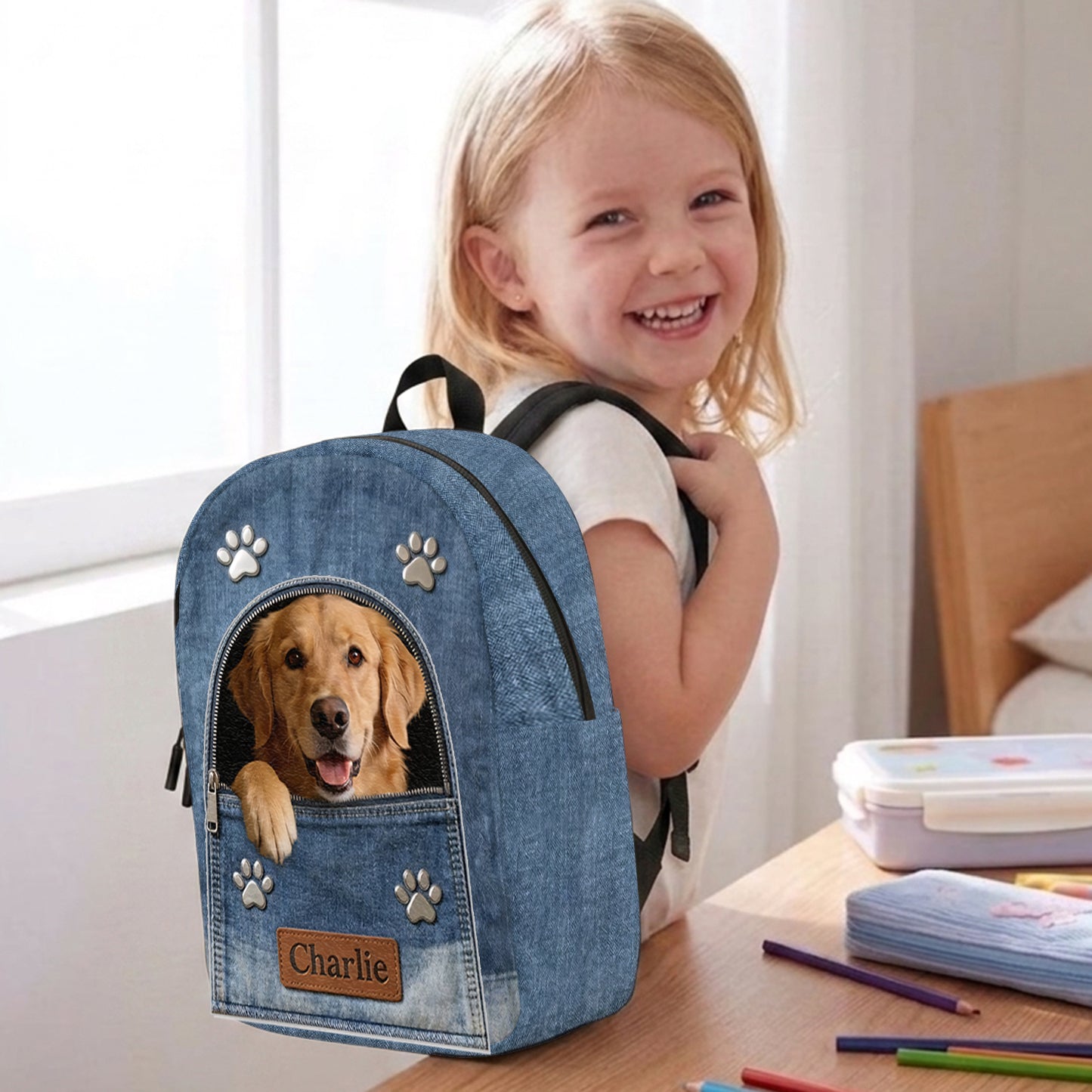 Personalisierter Denim-Hunderrucksack - Verstellbarer Lederpatch-Rucksack