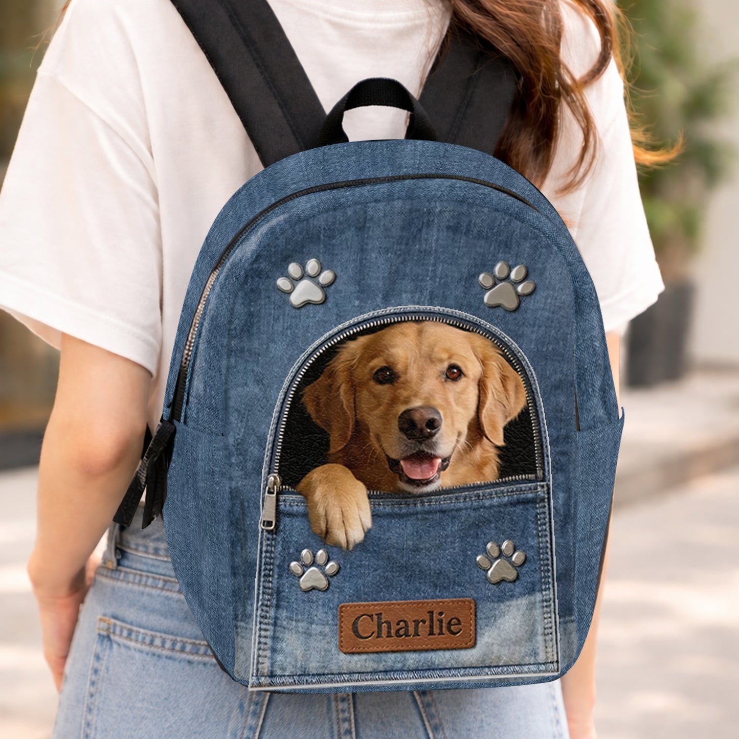 Personalisierter Denim-Hunderrucksack - Verstellbarer Lederpatch-Rucksack