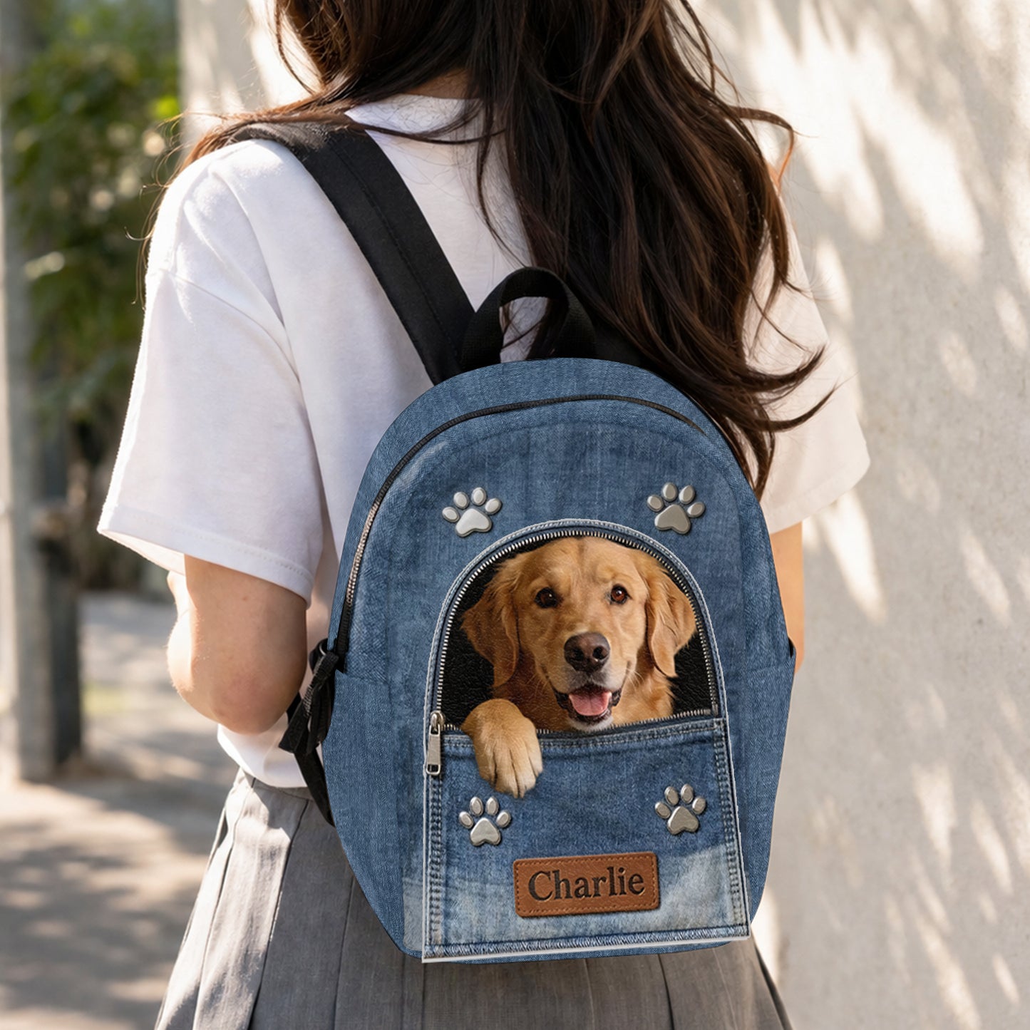 Personalisierter Denim-Hunderrucksack - Verstellbarer Lederpatch-Rucksack