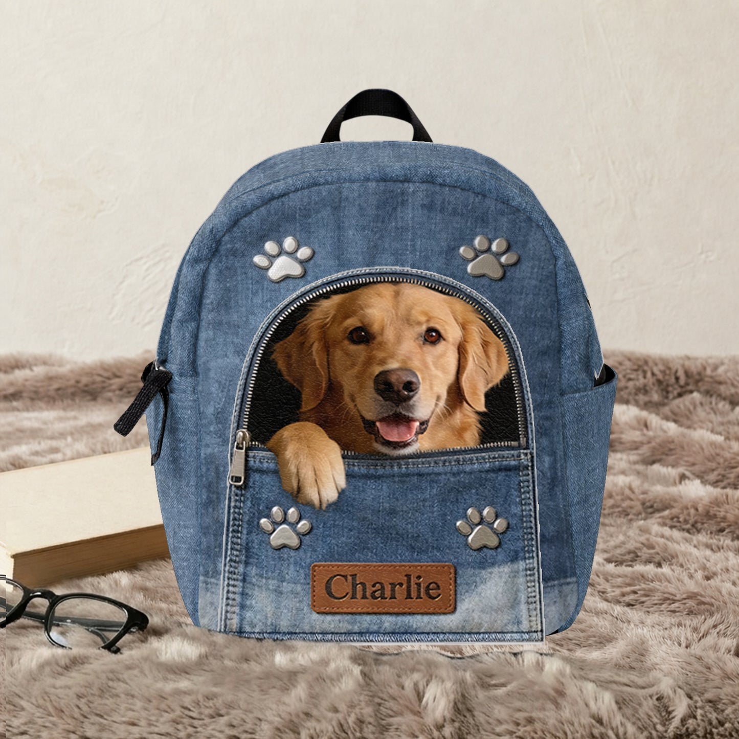 Personalisierter Denim-Hunderrucksack - Verstellbarer Lederpatch-Rucksack