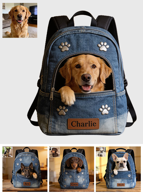 Personalisierter Denim-Hunderrucksack - Verstellbarer Lederpatch-Rucksack