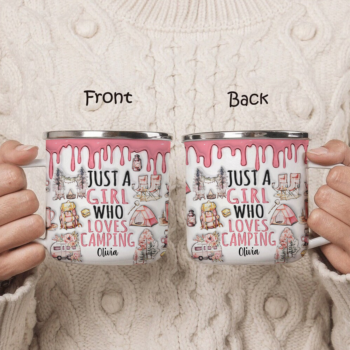Einfach ein Mädchen, das Camping liebt – personalisierter Camping-Emaillebecher