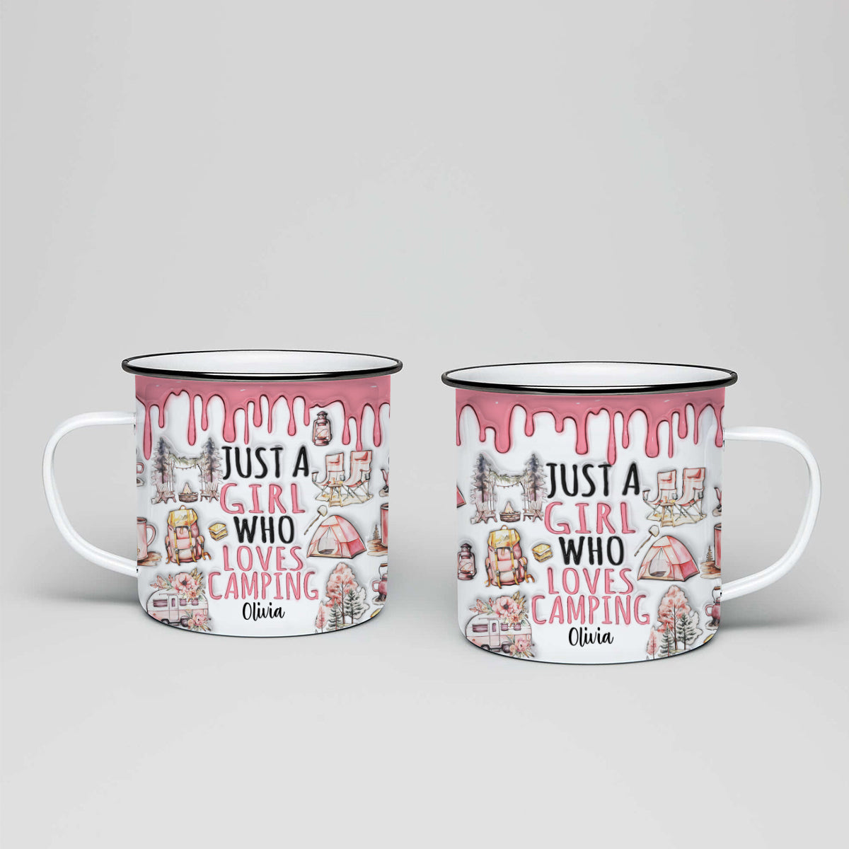 Einfach ein Mädchen, das Camping liebt – personalisierter Camping-Emaillebecher