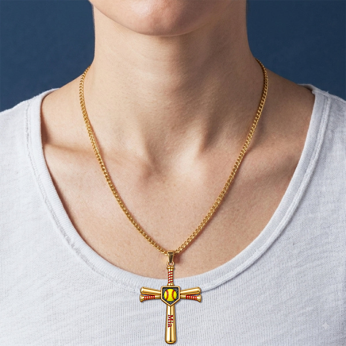 Trust - Personalized Softball Shaped Metal Pendant Necklace