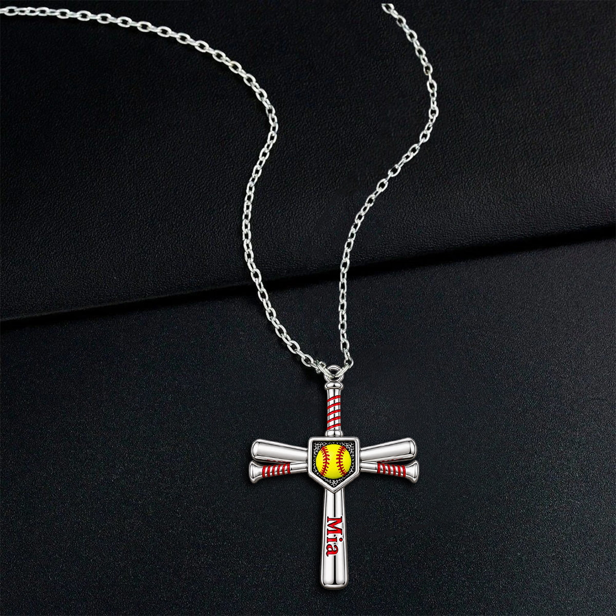 Trust - Personalized Softball Shaped Metal Pendant Necklace