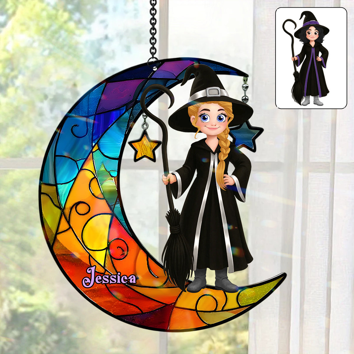 Wunderschöne Hexe und Mond – Personalisierter Hexen-Fensterhänger als Sonnenfänger