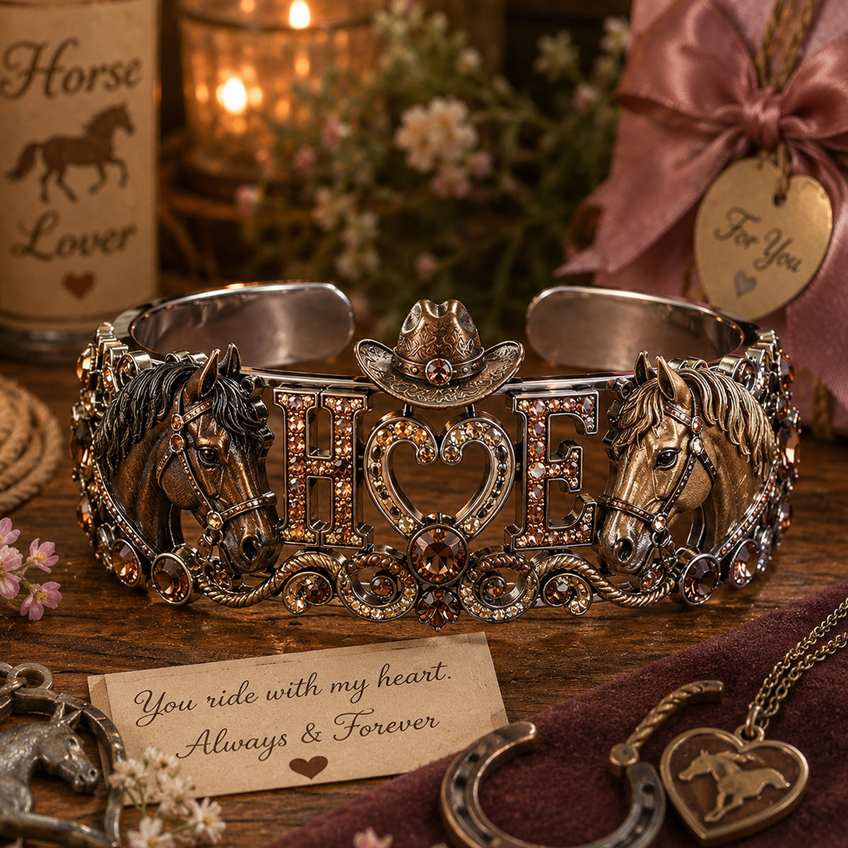 Forever Love Initial Couple Gift - Personalized Horse Shaped Cuff Bracelet