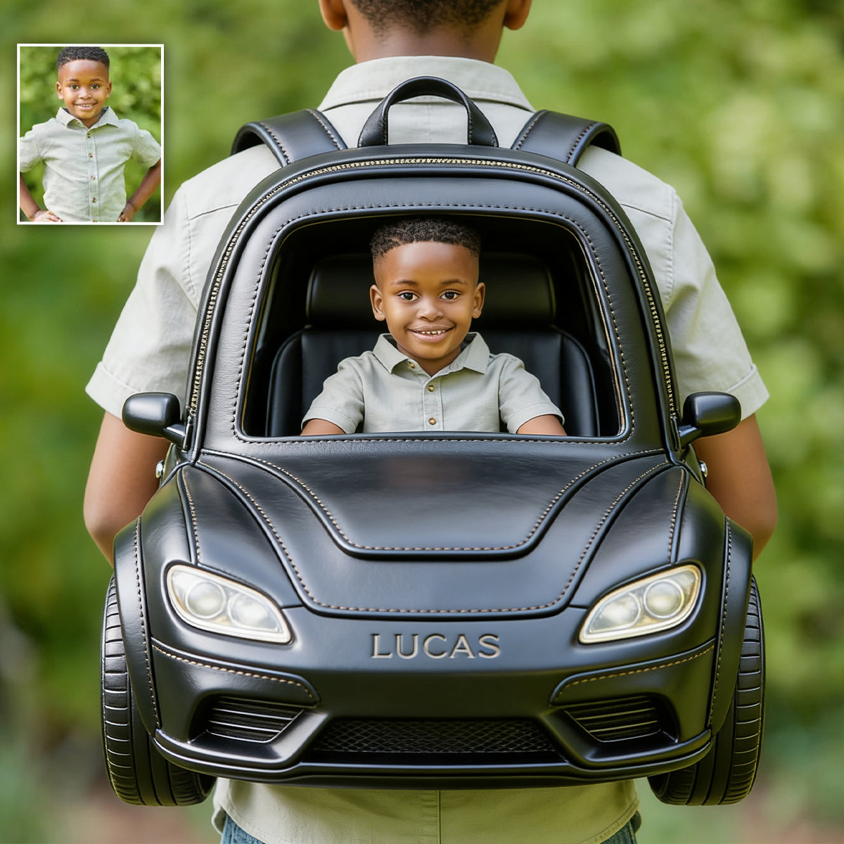 Benutzerdefinierter Rucksack mit Foto und Fahrzeug - Personalisierbarer Kinder-Rucksack mit wechselbarem Lederpatch
