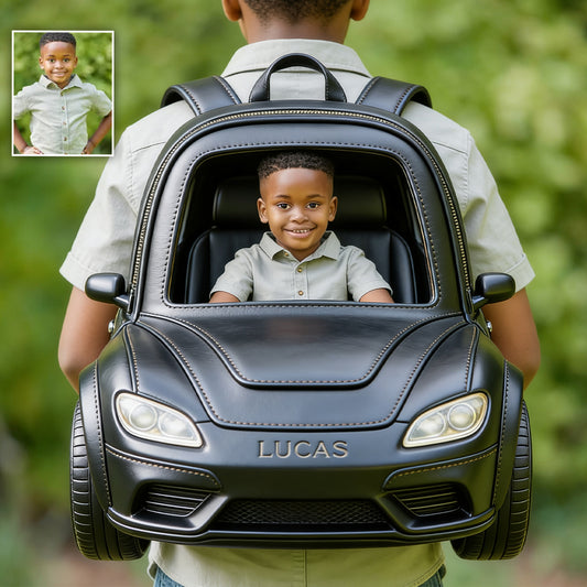 Benutzerdefinierter Rucksack mit Foto und Fahrzeug - Personalisierbarer Kinder-Rucksack mit wechselbarem Lederpatch