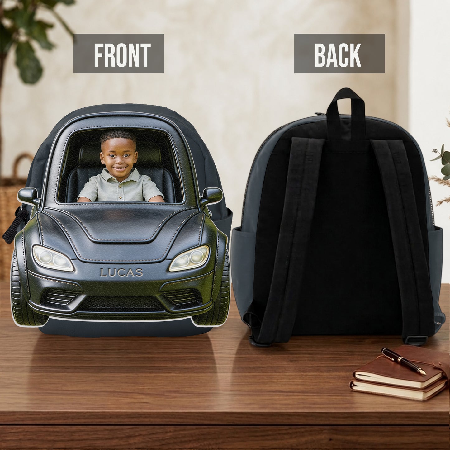 Benutzerdefinierter Rucksack mit Foto und Fahrzeug - Personalisierbarer Kinder-Rucksack mit wechselbarem Lederpatch