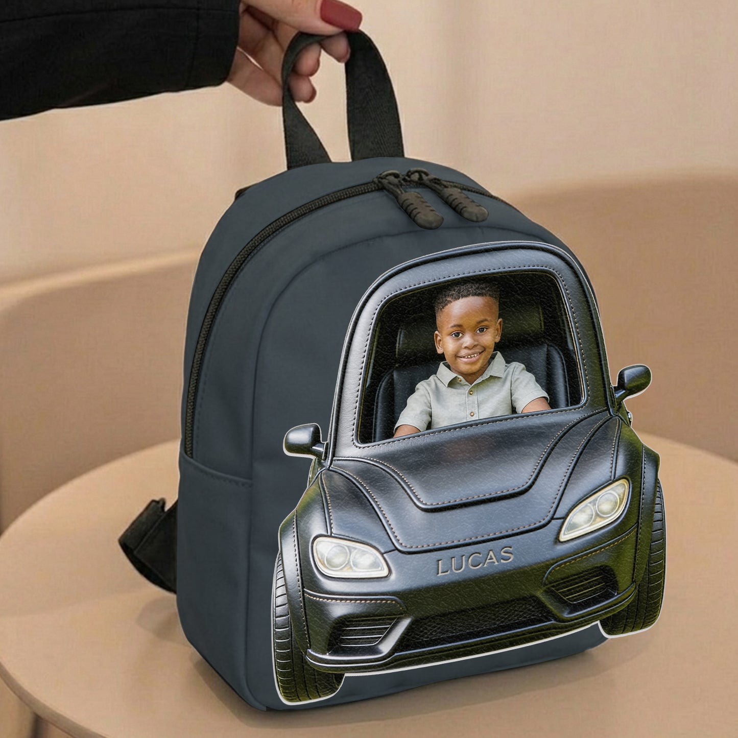 Benutzerdefinierter Rucksack mit Foto und Fahrzeug - Personalisierbarer Kinder-Rucksack mit wechselbarem Lederpatch