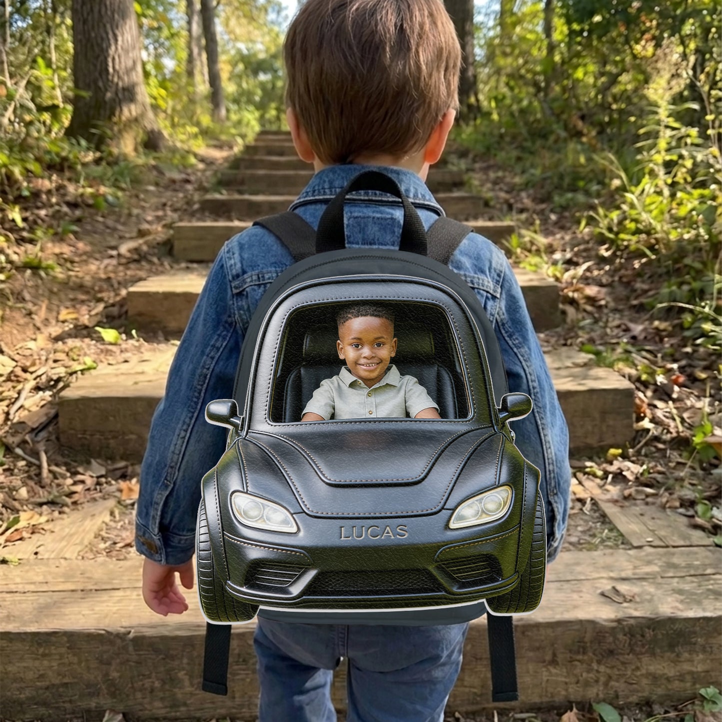 Benutzerdefinierter Rucksack mit Foto und Fahrzeug - Personalisierbarer Kinder-Rucksack mit wechselbarem Lederpatch