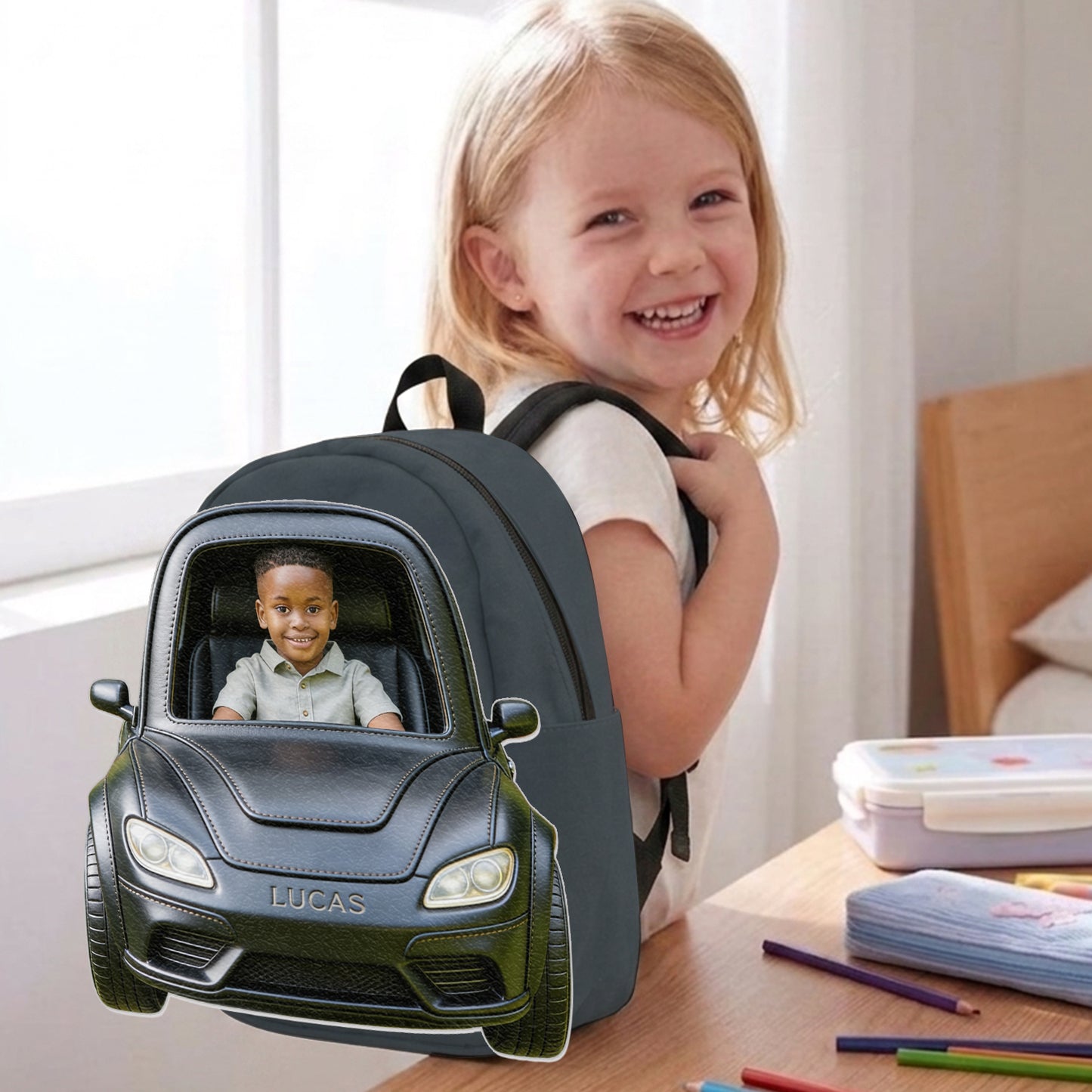 Benutzerdefinierter Rucksack mit Foto und Fahrzeug - Personalisierbarer Kinder-Rucksack mit wechselbarem Lederpatch