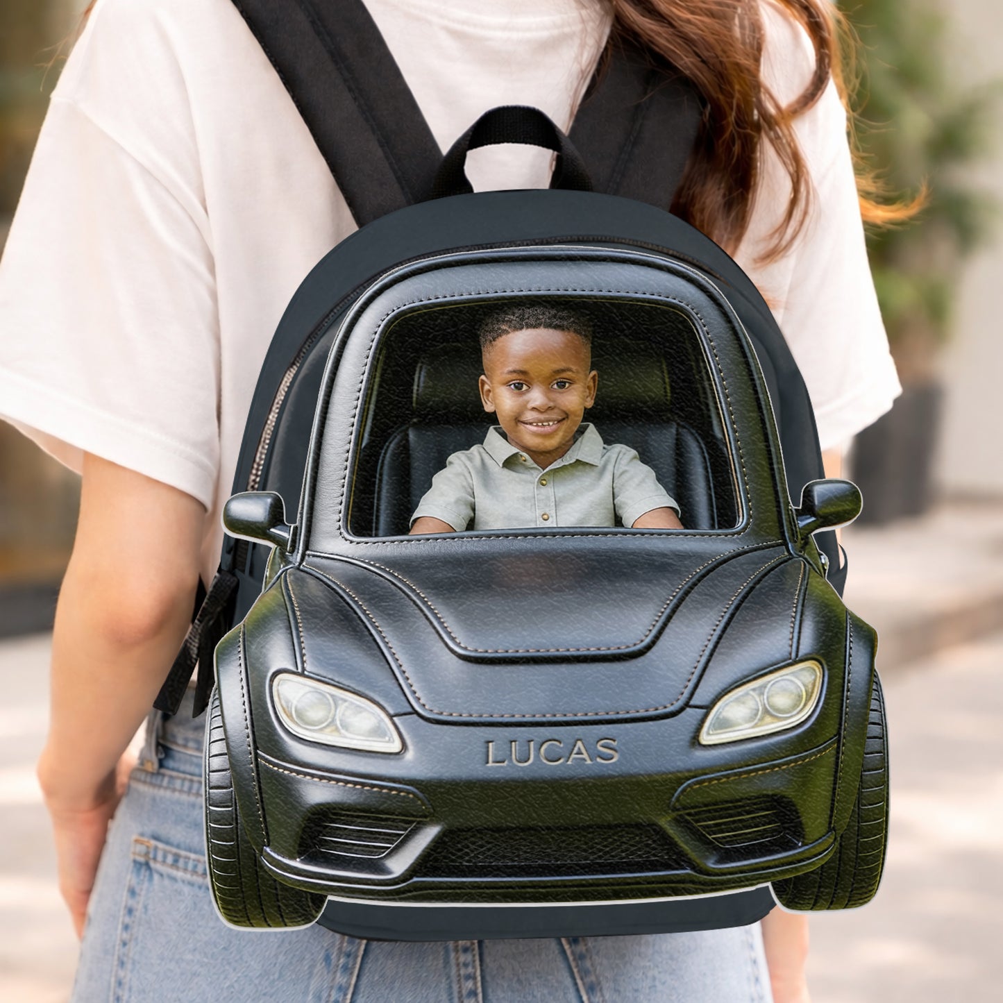 Benutzerdefinierter Rucksack mit Foto und Fahrzeug - Personalisierbarer Kinder-Rucksack mit wechselbarem Lederpatch