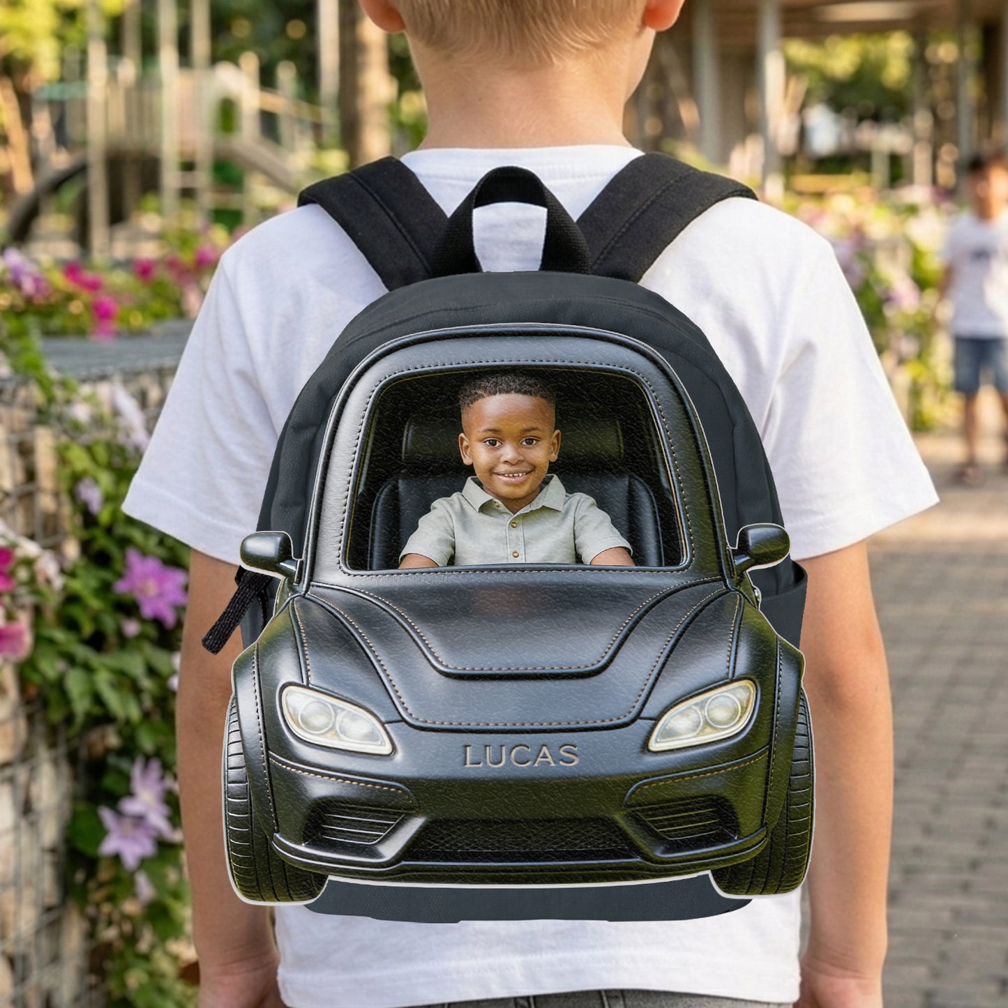 Benutzerdefinierter Rucksack mit Foto und Fahrzeug - Personalisierbarer Kinder-Rucksack mit wechselbarem Lederpatch