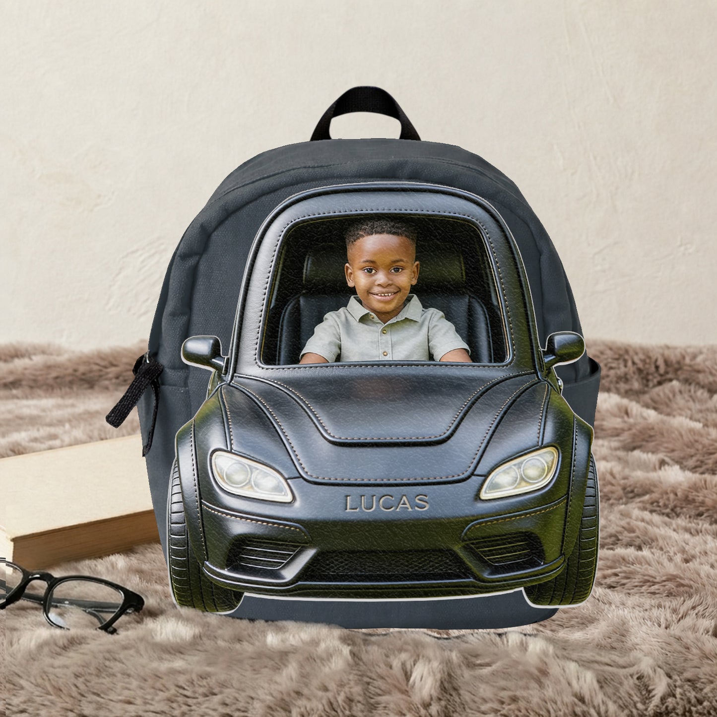 Benutzerdefinierter Rucksack mit Foto und Fahrzeug - Personalisierbarer Kinder-Rucksack mit wechselbarem Lederpatch