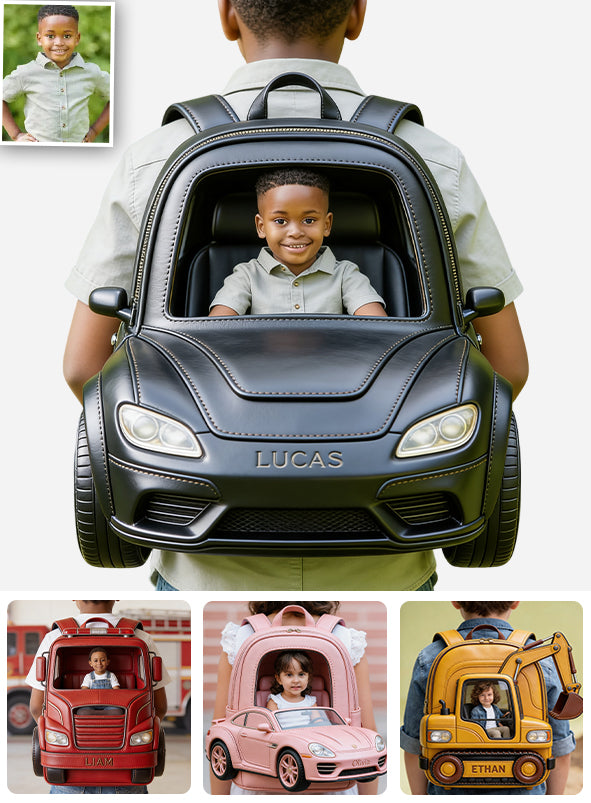 Benutzerdefinierter Rucksack mit Foto und Fahrzeug - Personalisierbarer Kinder-Rucksack mit wechselbarem Lederpatch