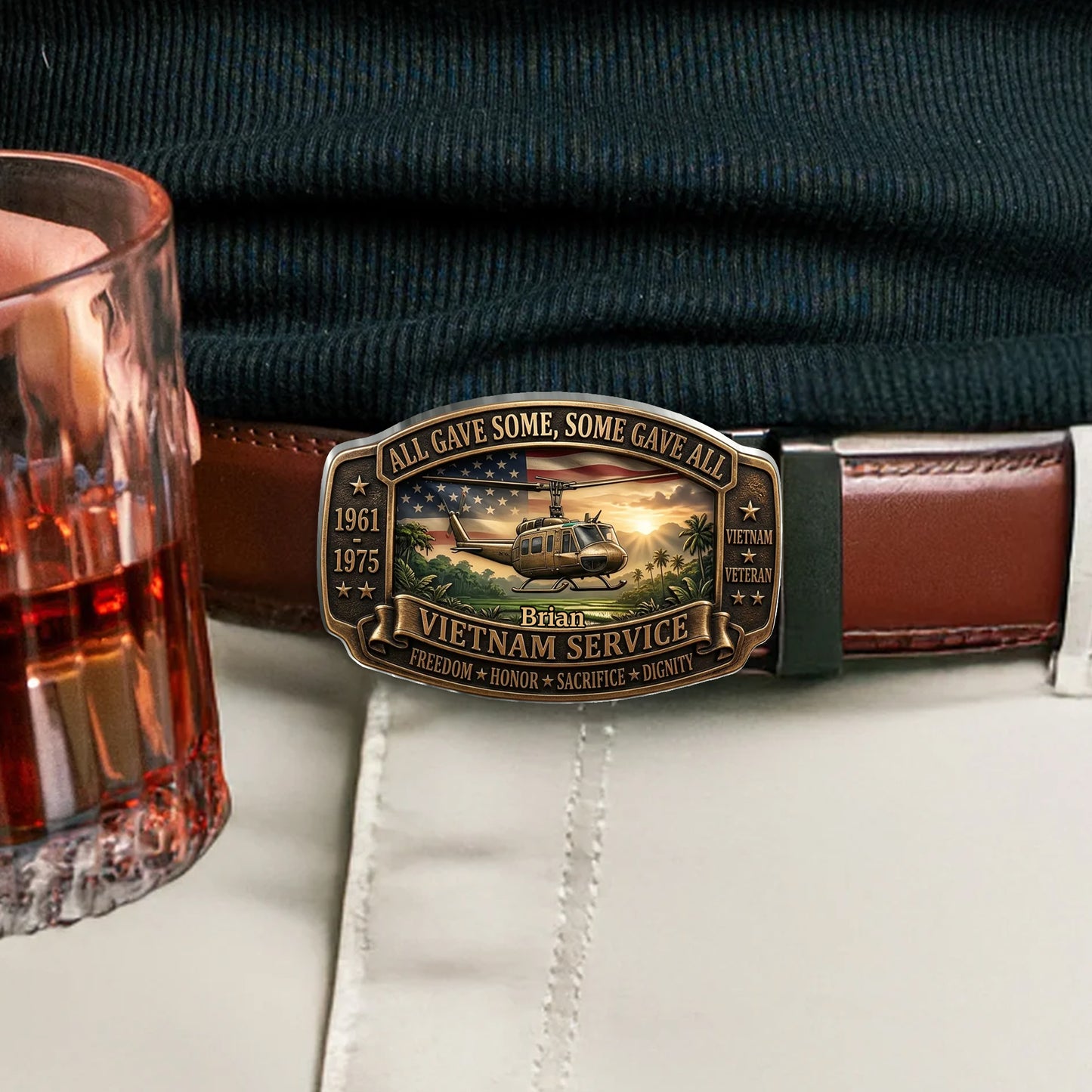 All Gave Some, Some Gave All - Personalized Veteran Leather Belt With Shaped Buckle