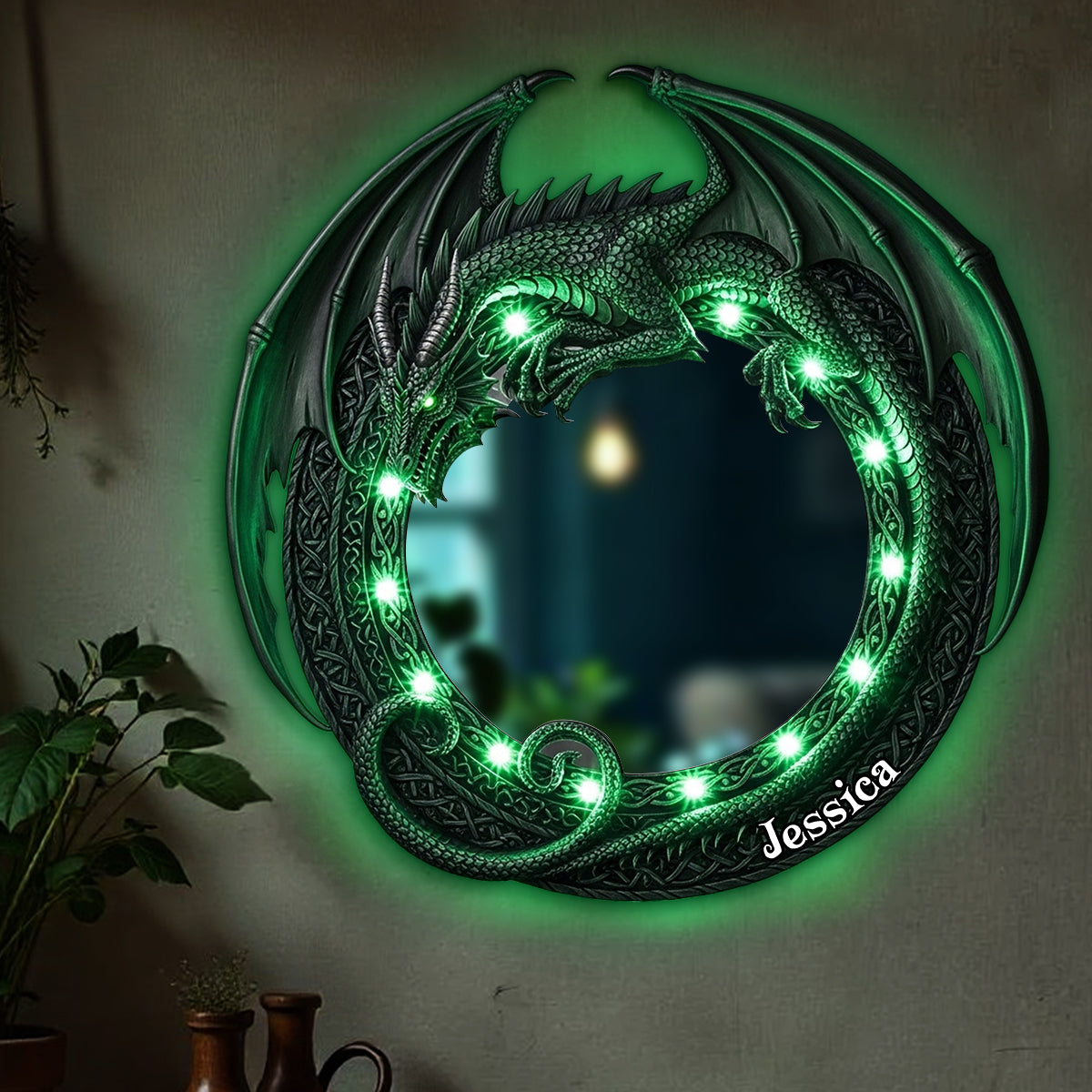 Fantastischer Drache – Personalisierter Drachen-Wandspiegel mit LED-Beleuchtung