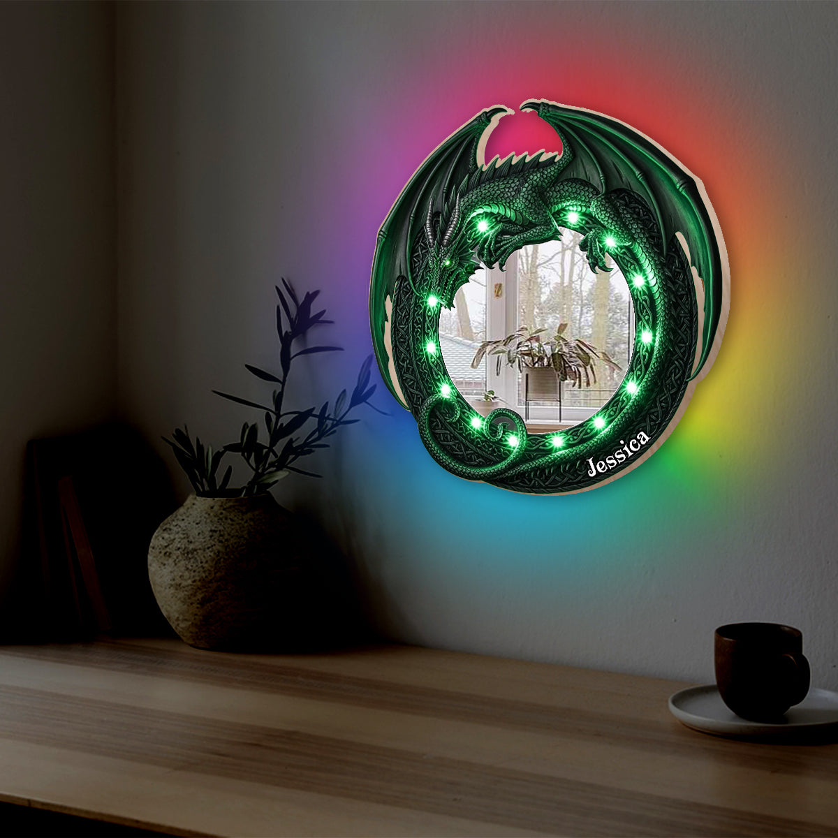 Fantastischer Drache – Personalisierter Drachen-Wandspiegel mit LED-Beleuchtung