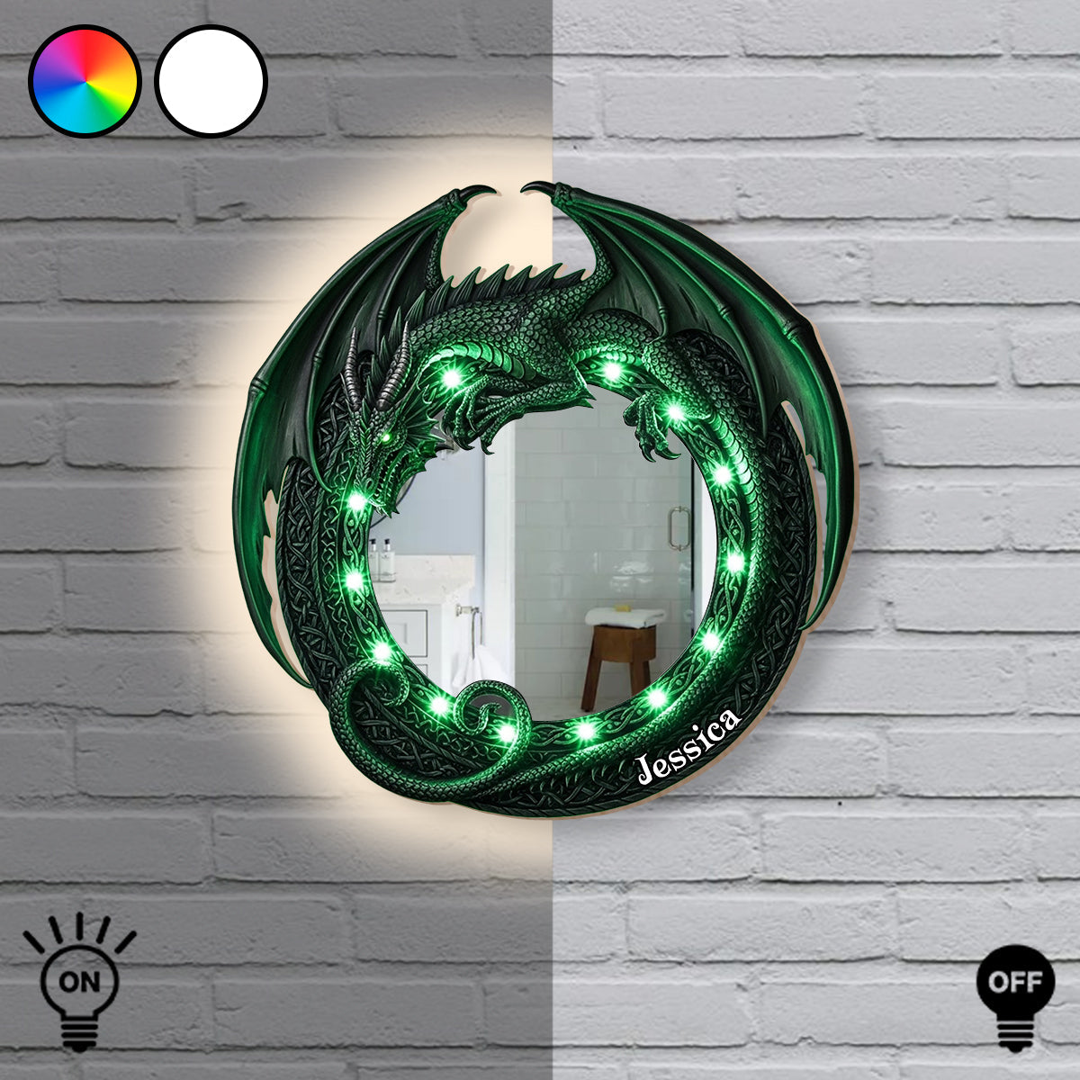 Fantastischer Drache – Personalisierter Drachen-Wandspiegel mit LED-Beleuchtung